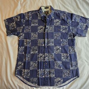 Chaps Ralph Lauren Cotton blue paisley checker short sleeve button down